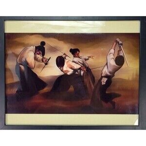 Vintage Japanese Samurai Aikido Fighting Scene Wood Framed Print Wall Art RARE